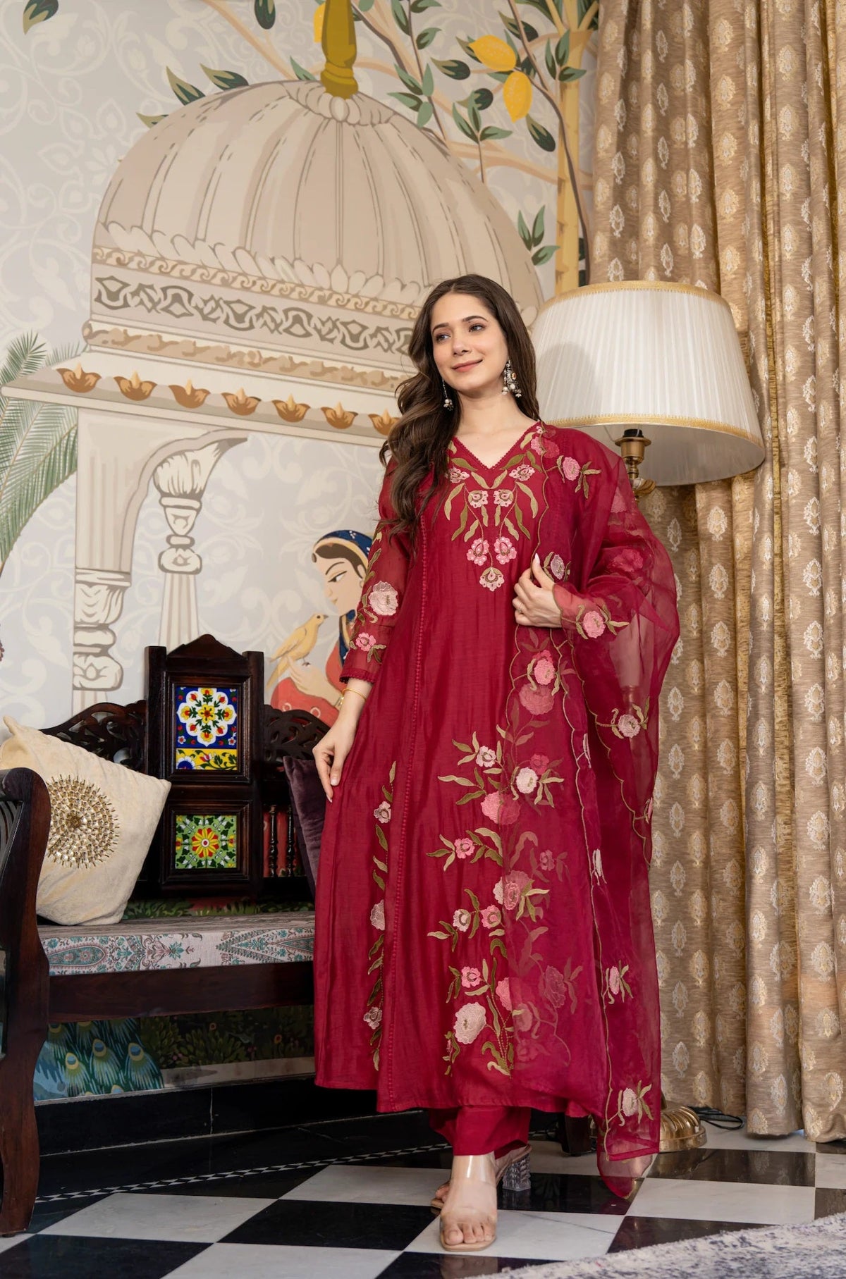 Ruby Pinkish Red Jacquard Suit Set with Dupatta