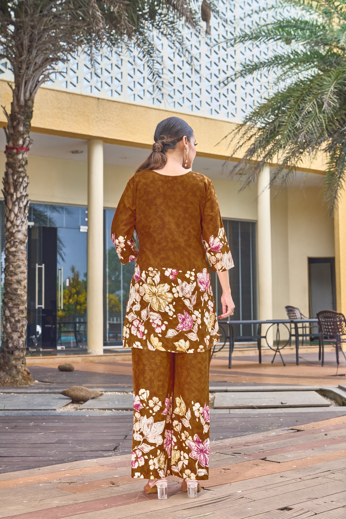 Trendy Brown Pure Cotton Floral Co-ords Set