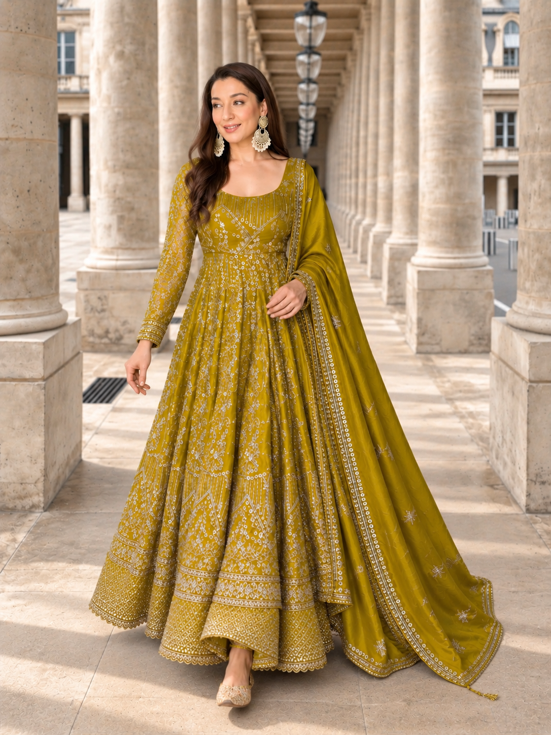 Mustard Embroidered Anarkali Gown Set