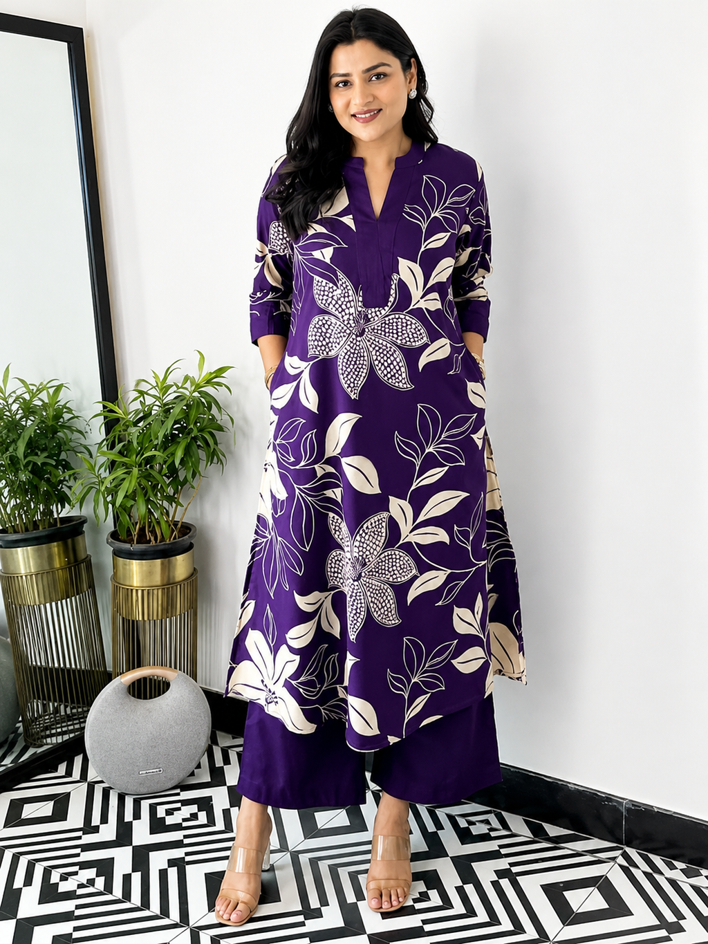 Purple Floral Georgette Kurta Palazzo Set