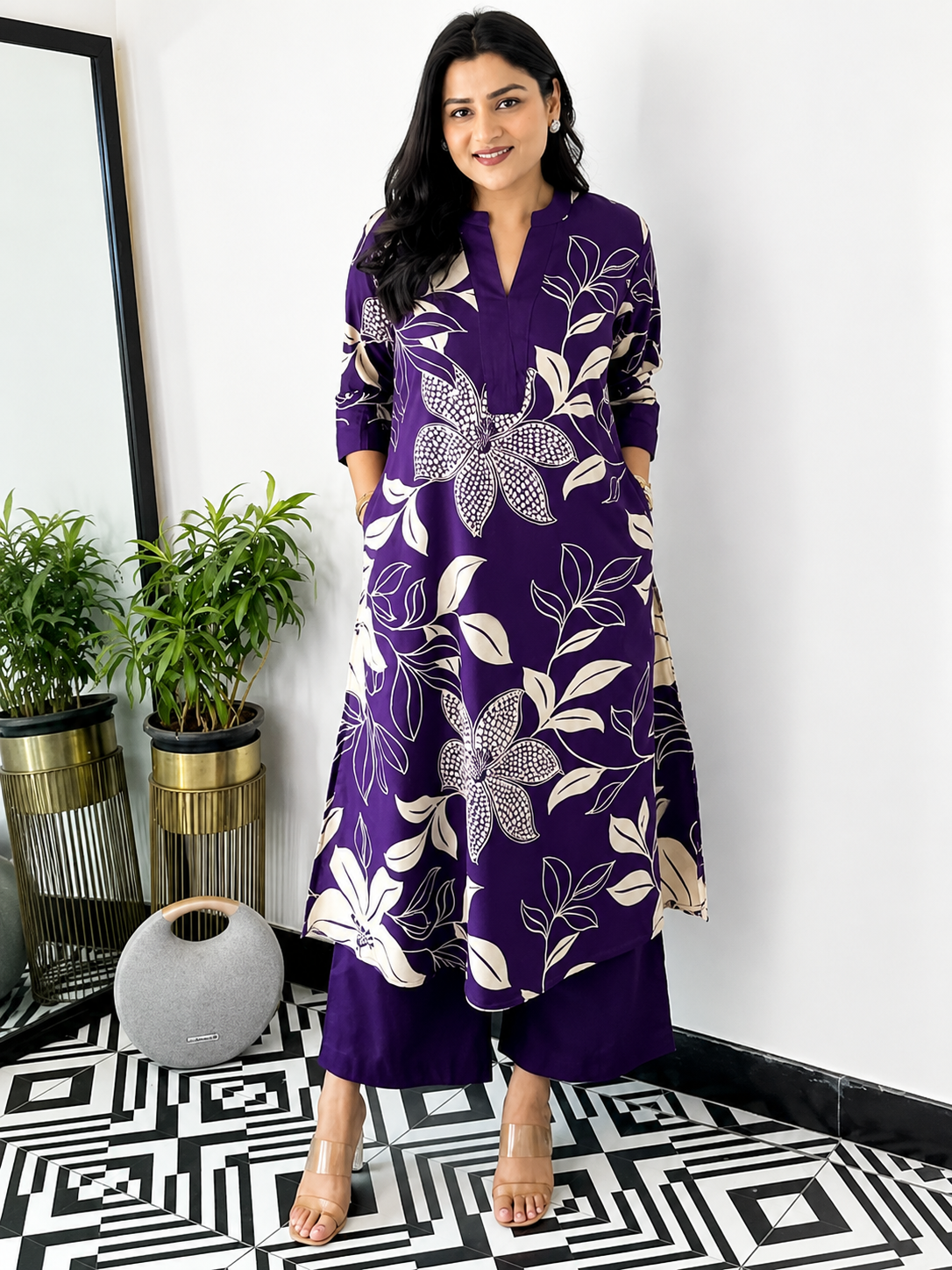 Purple Floral Georgette Kurta Palazzo Set