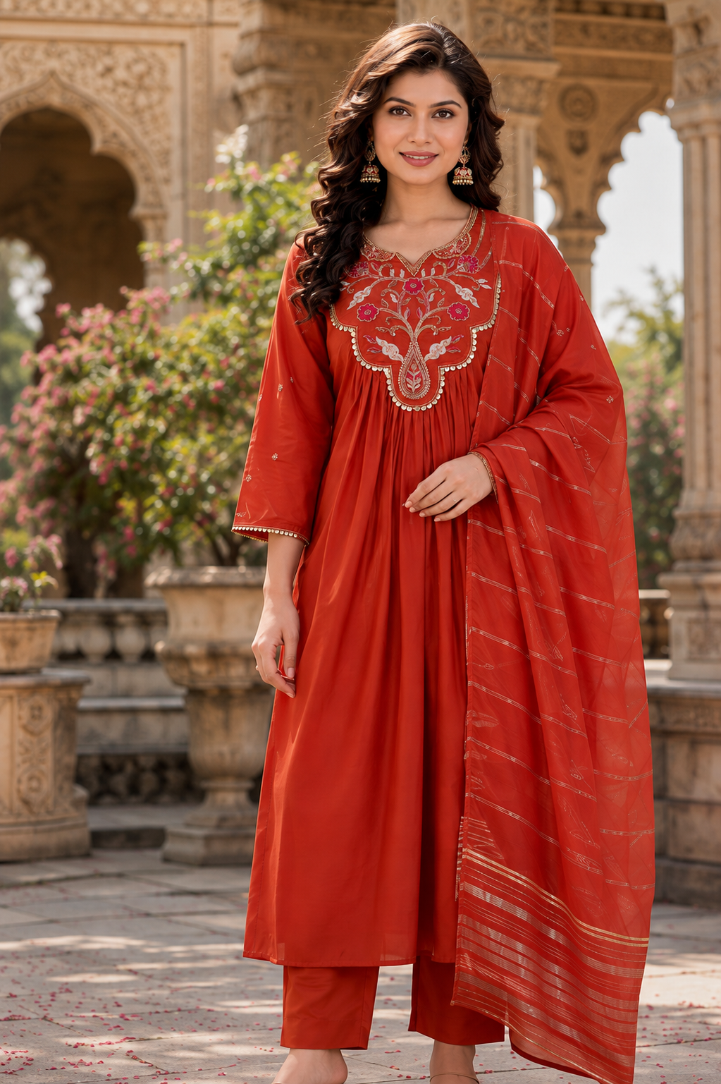 Orange Chanderi Embroidered Anarkali Kurti With Pant & Dupatta