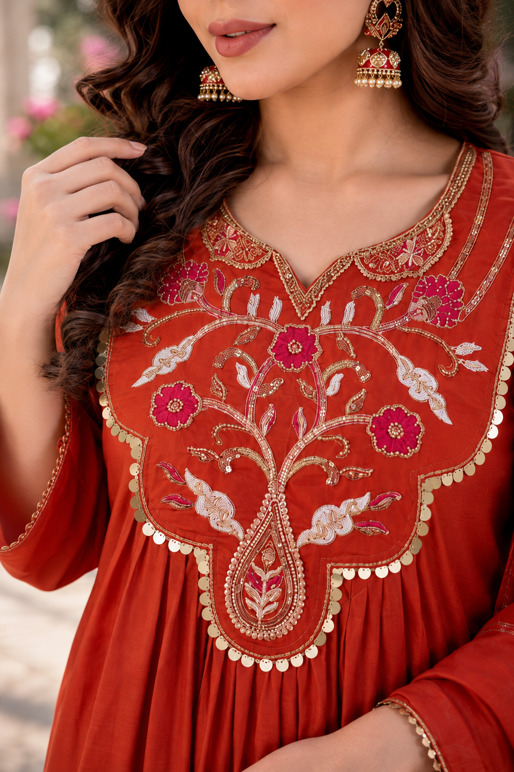 Orange Chanderi Embroidered Anarkali Kurti With Pant & Dupatta