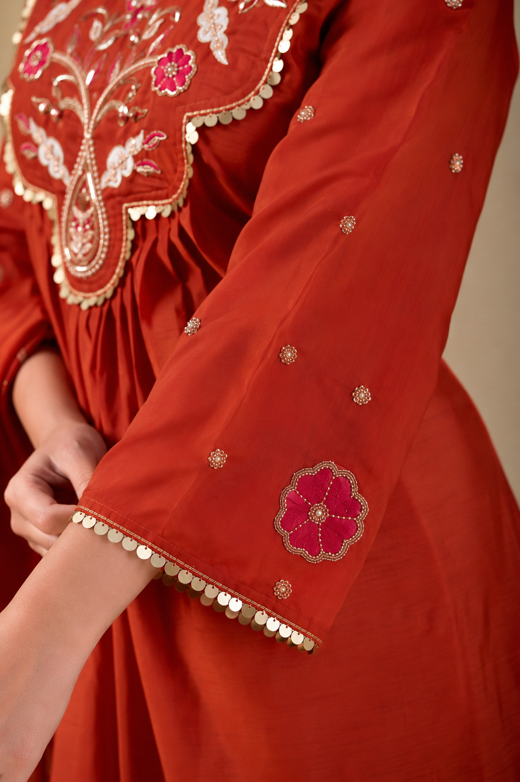 Orange Chanderi Embroidered Anarkali Kurti With Pant & Dupatta