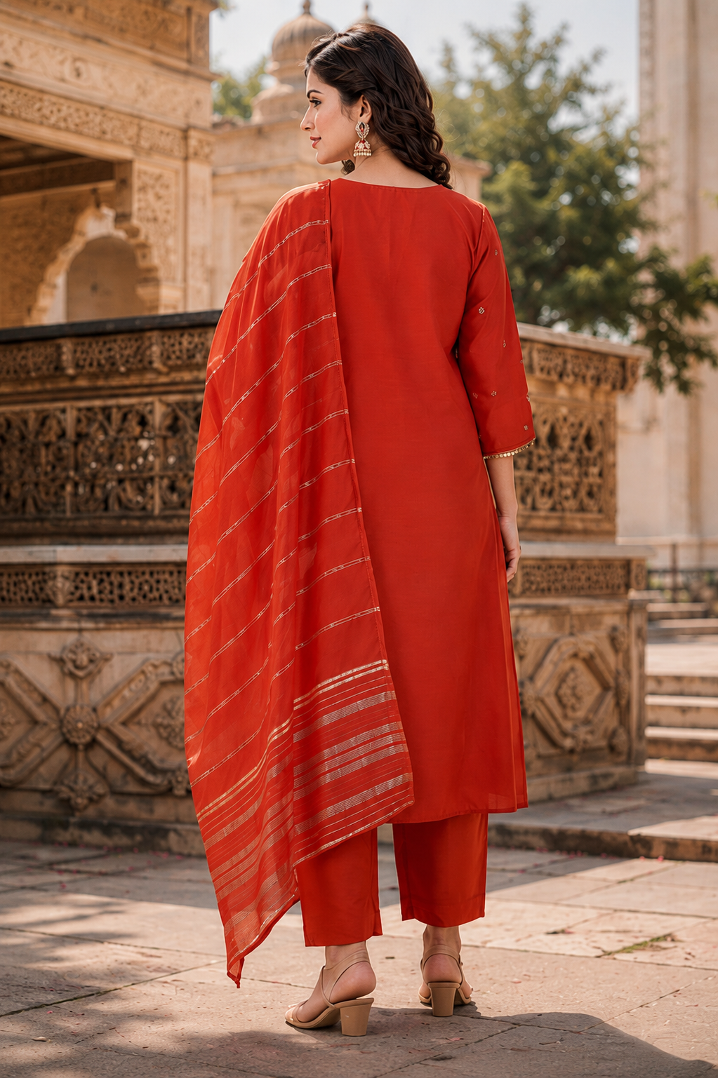 Orange Chanderi Embroidered Anarkali Kurti With Pant & Dupatta