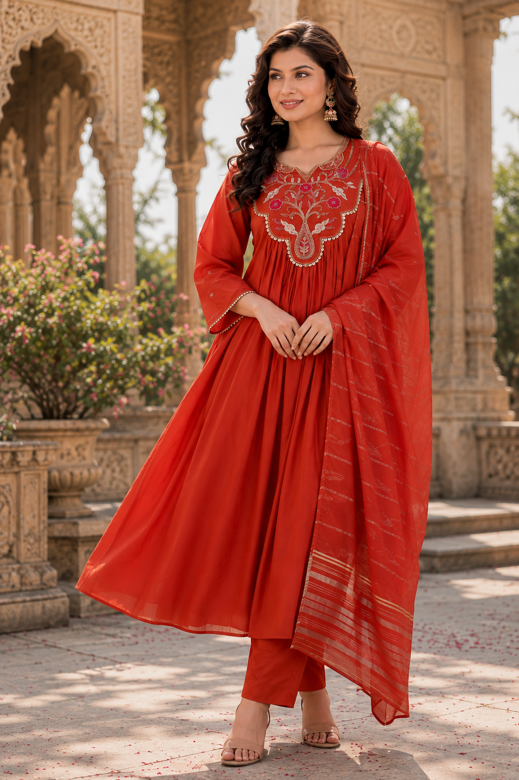 Orange Chanderi Embroidered Anarkali Kurti With Pant & Dupatta