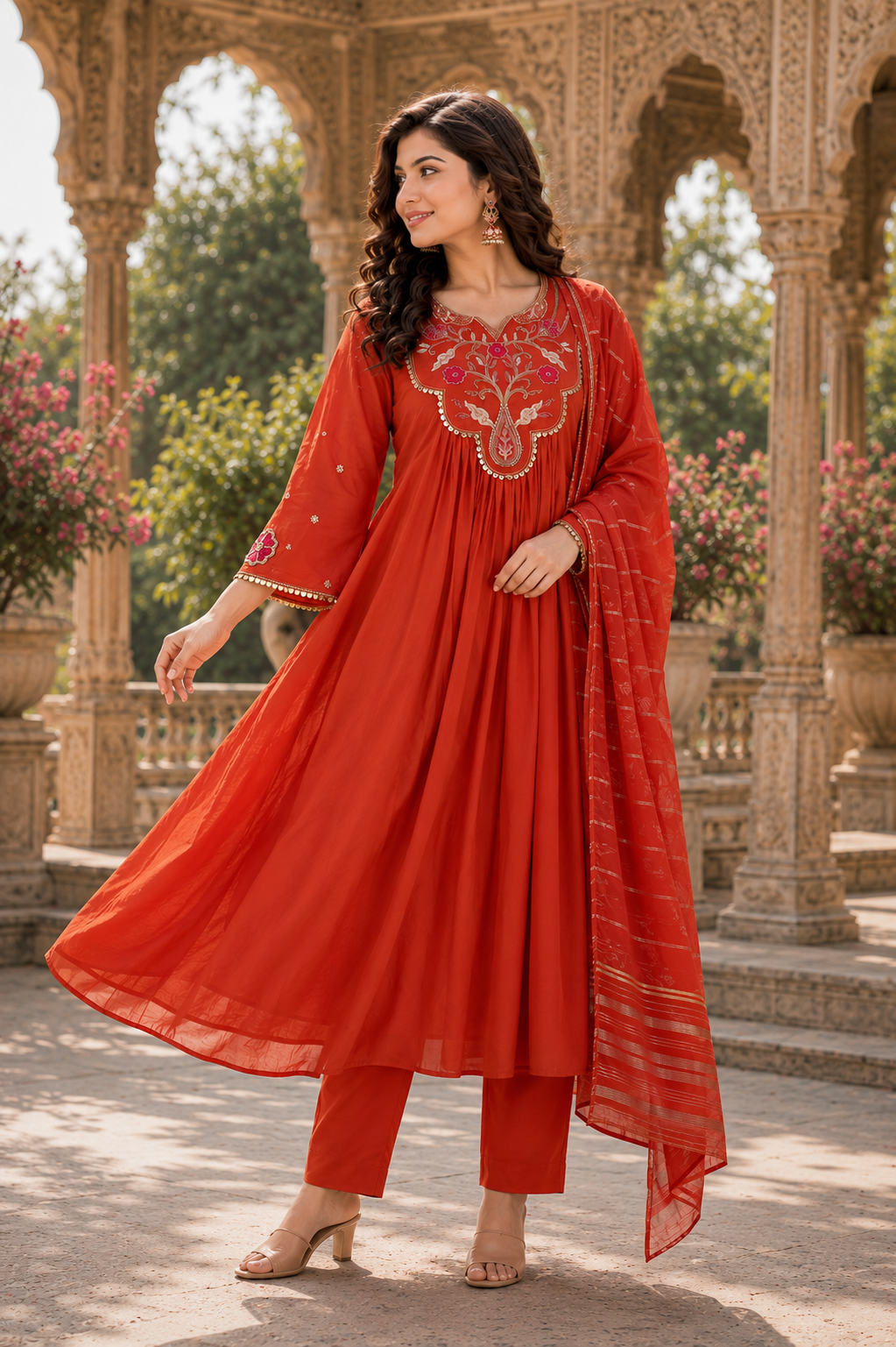 Orange Chanderi Embroidered Anarkali Kurti With Pant & Dupatta