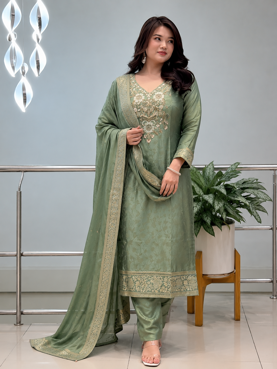 Banarasi Silk Suit Set for Women with Zari Dupatta