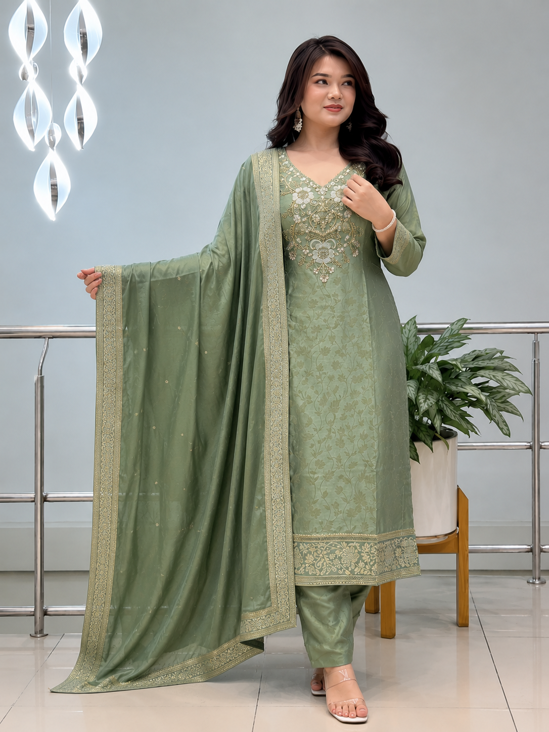 Banarasi Silk Suit Set for Women with Zari Dupatta