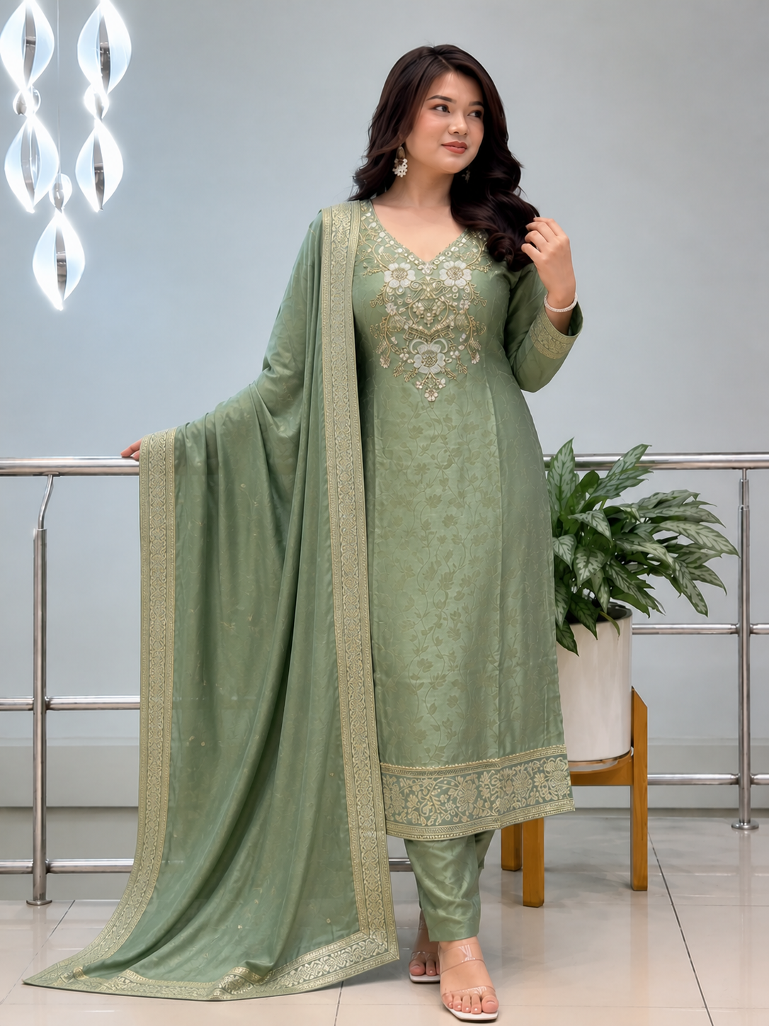 Banarasi Silk Suit Set for Women with Zari Dupatta