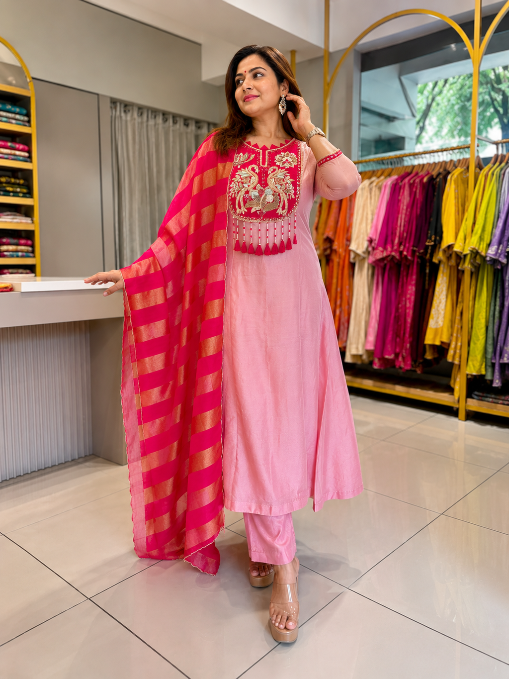 Rose Petal Embroidered Suit Set With Dupatta