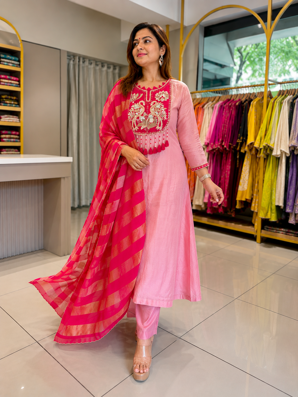 Rose Petal Embroidered Suit Set With Dupatta