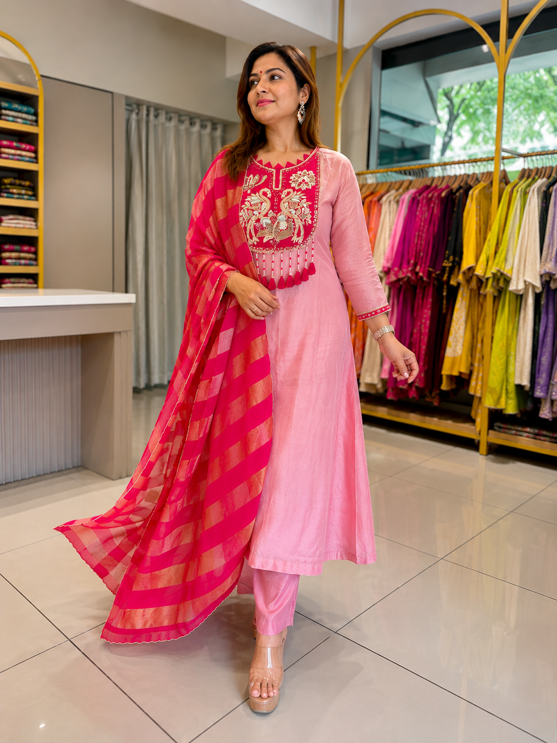 Rose Petal Embroidered Suit Set With Dupatta