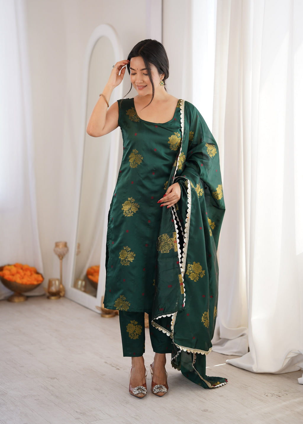 Dark Green Aura Chanderi Jacquard Suit Set