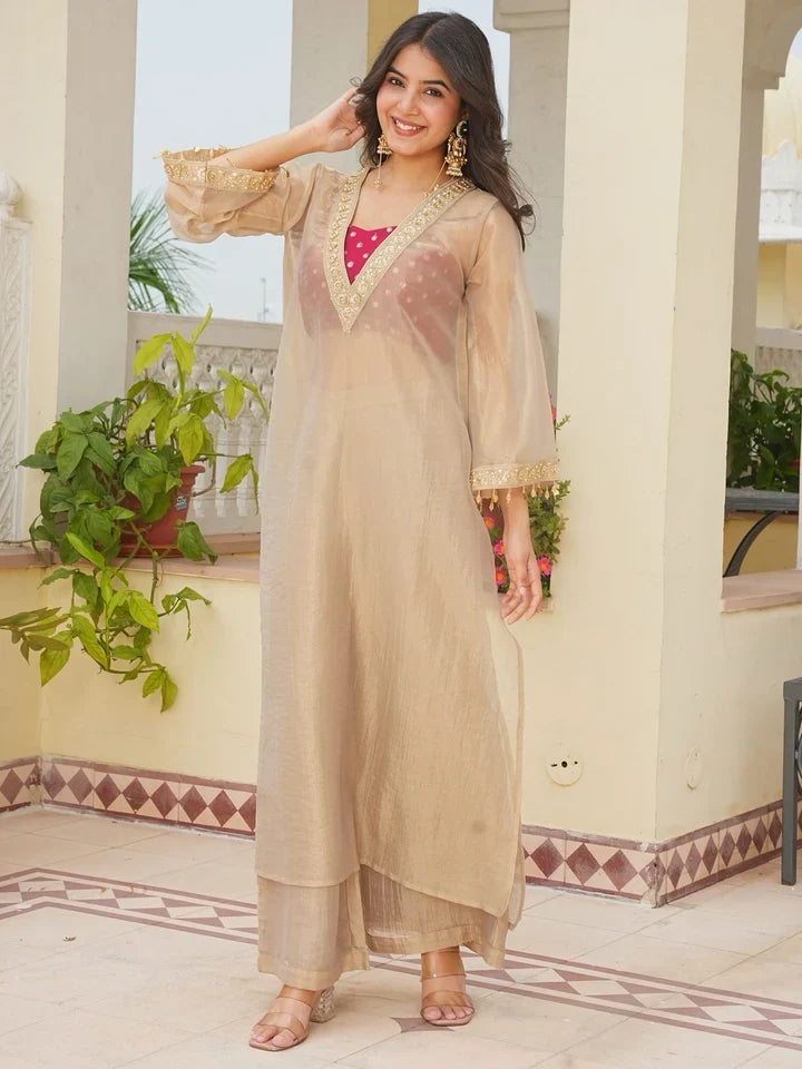 Golden Embroidered Tissue Silk Kurta Palazzo Set