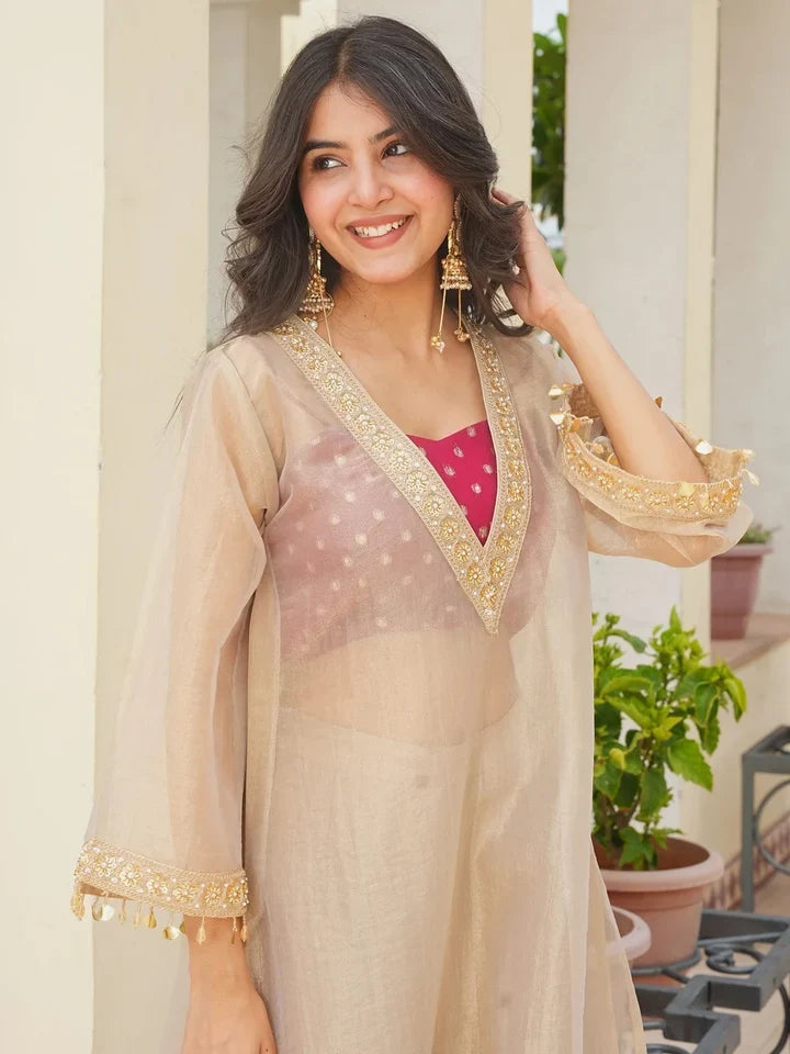 Golden Embroidered Tissue Silk Kurta Palazzo Set