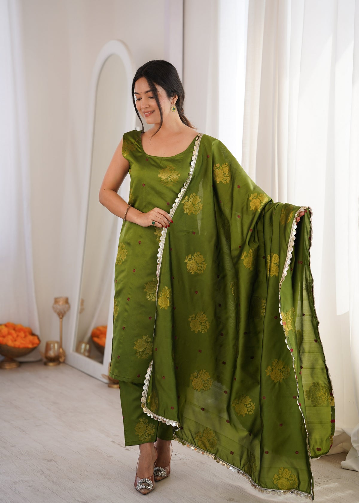 Green Aura Chanderi Jacquard Suit Set