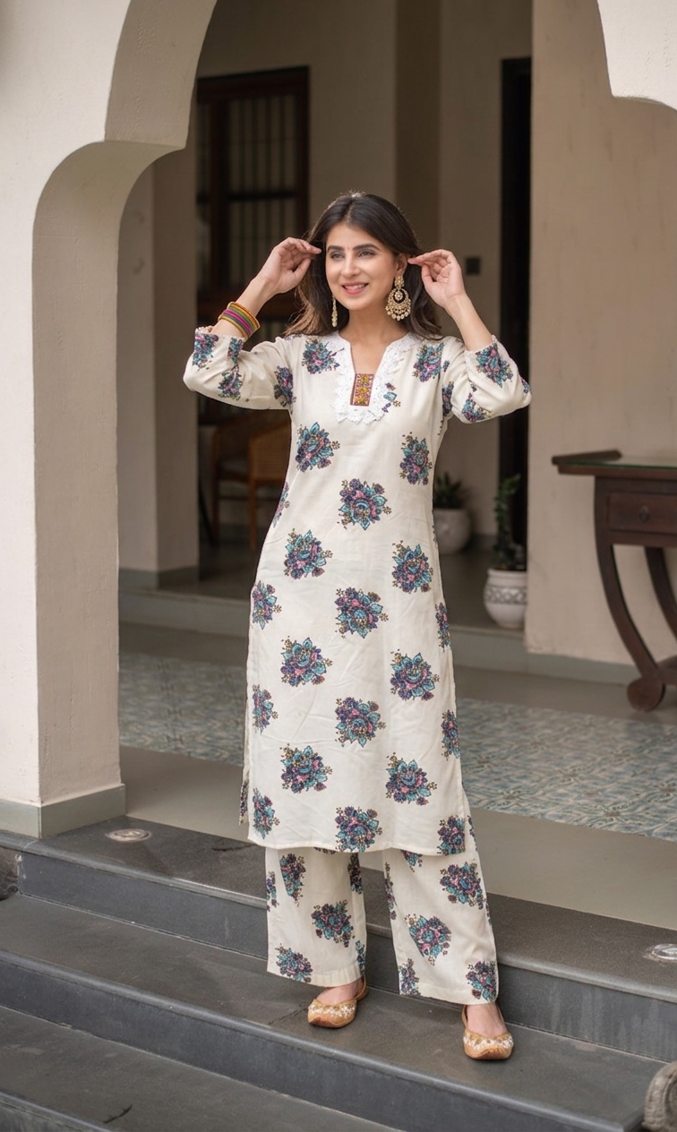 White Printed Cotton Straight Set