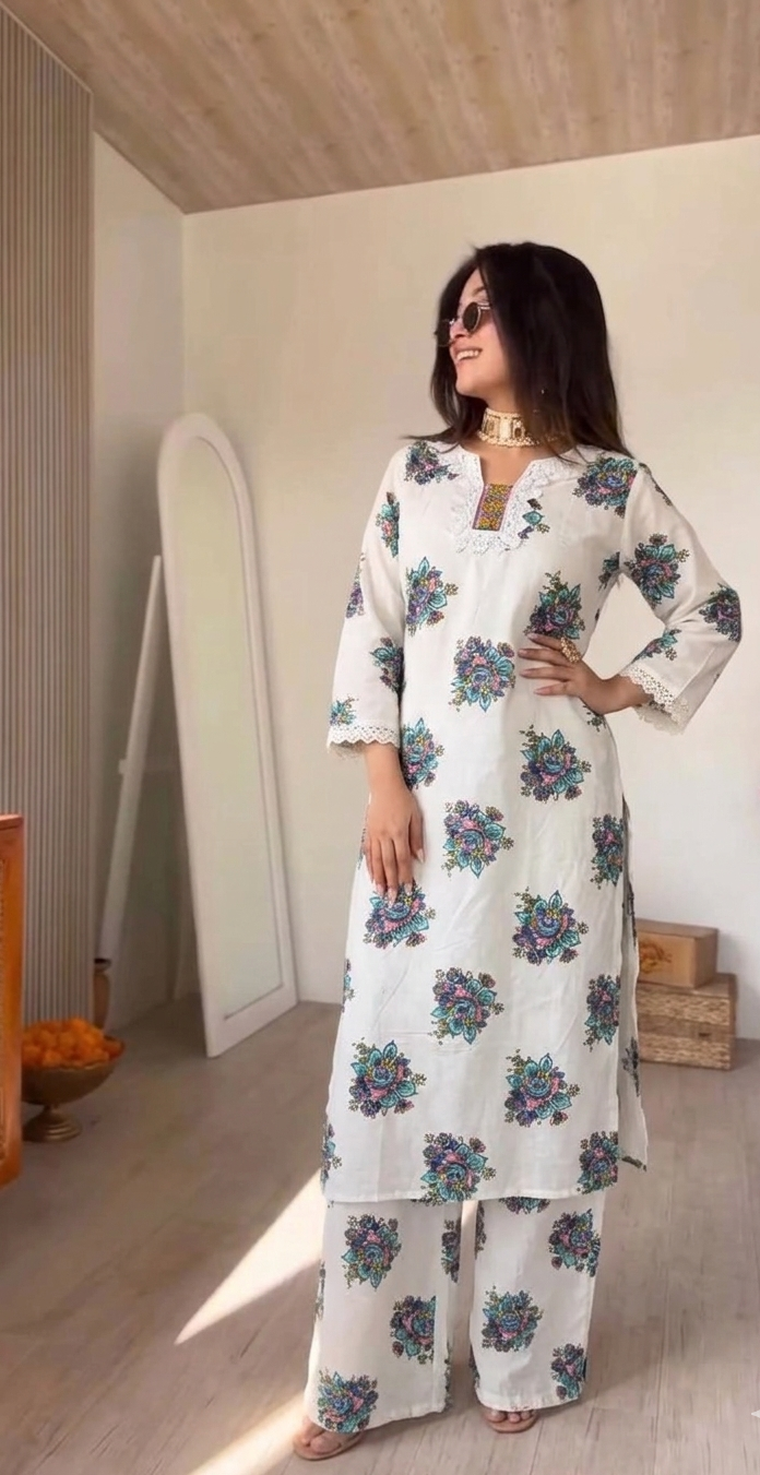 White Printed Cotton Straight Set