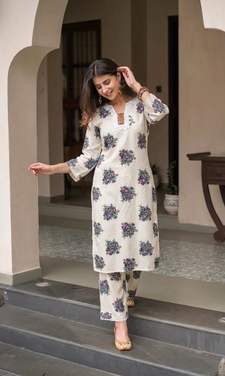 White Printed Cotton Straight Set