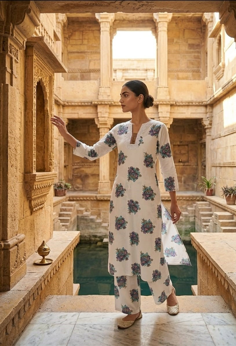 White Printed Cotton Straight Set
