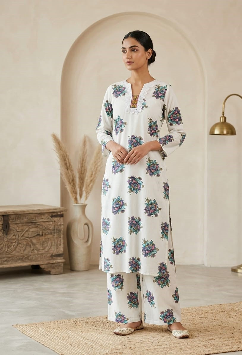 White Printed Cotton Straight Set