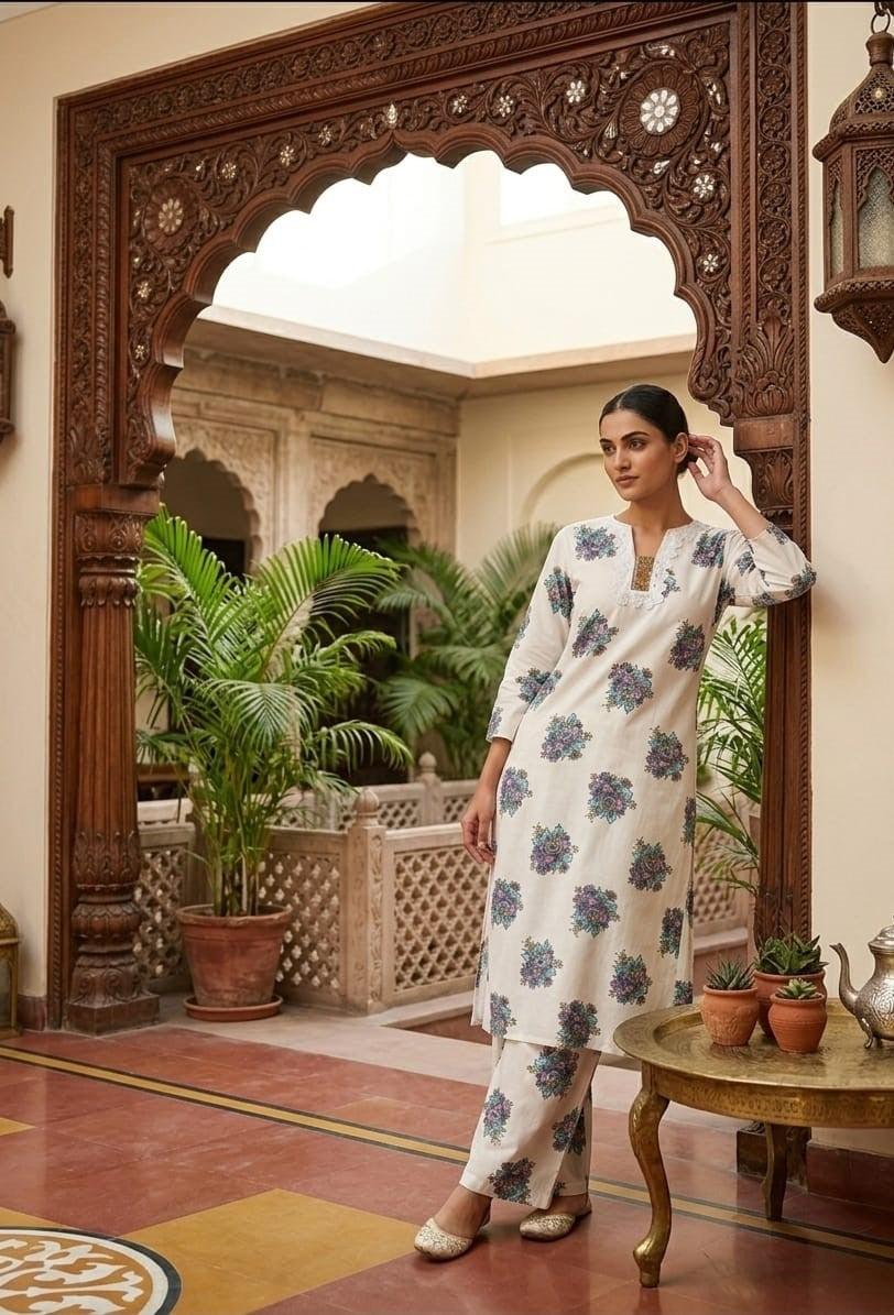 White Printed Cotton Straight Set