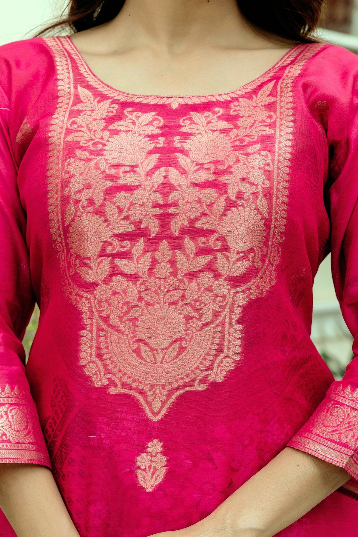 Printed Chanderi Cotton Outfit with Traditional Weave Pattern