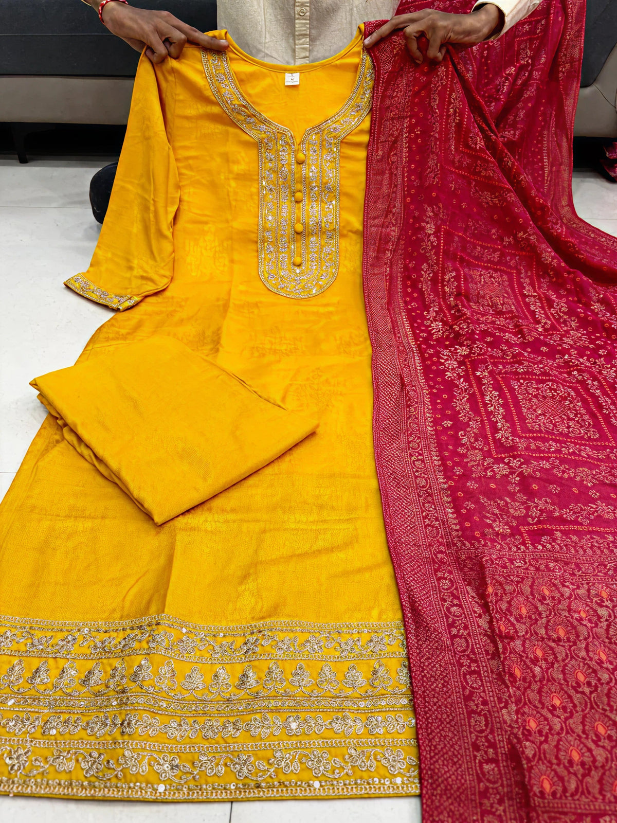 Haldi Designer Pure Banarasi Jacquard Weaving Suit Set with Dupatta