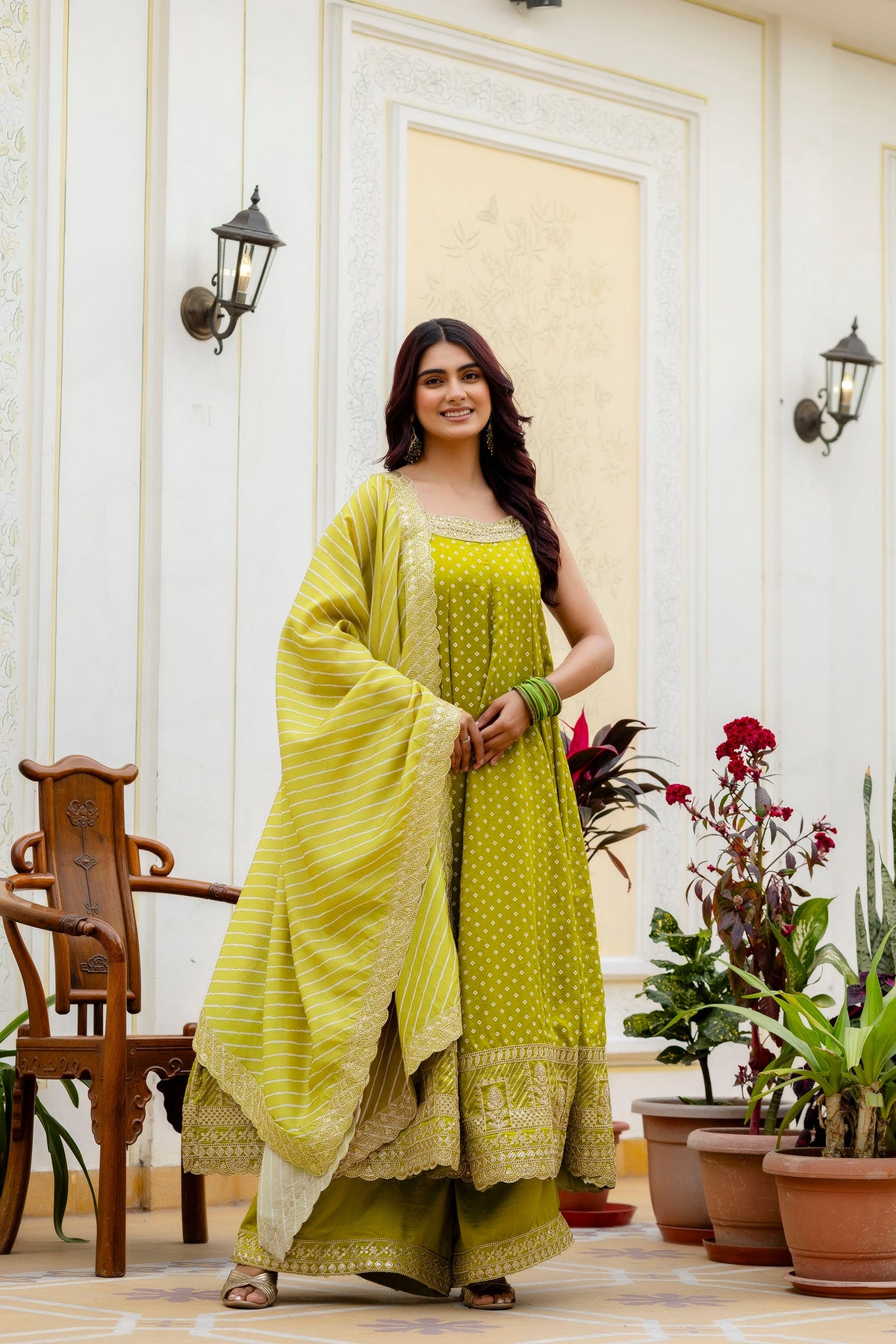 Lemon Yellow Bandhani Vichitra Silk Gown Set