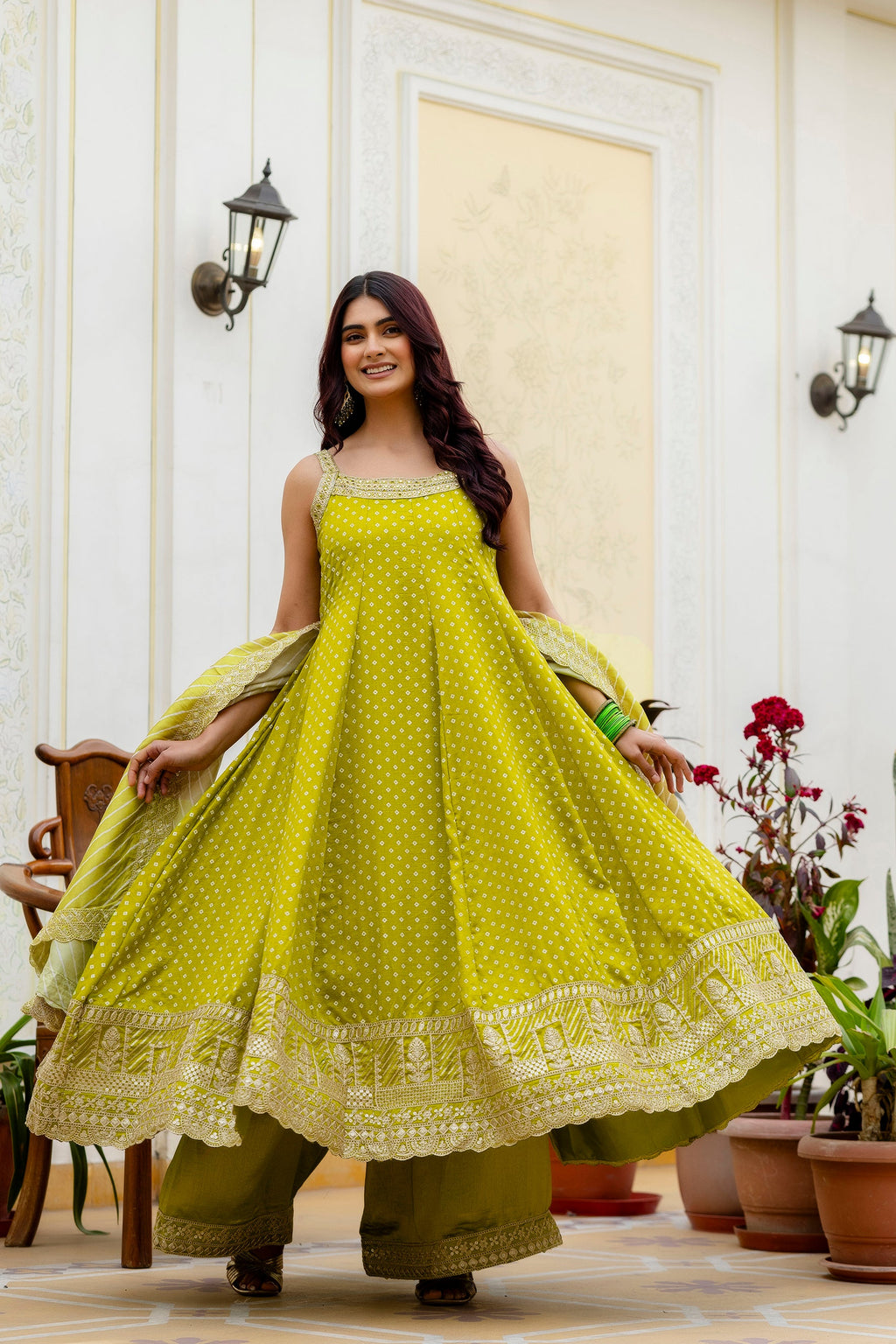 Lemon Yellow Bandhani Vichitra Silk Gown Set