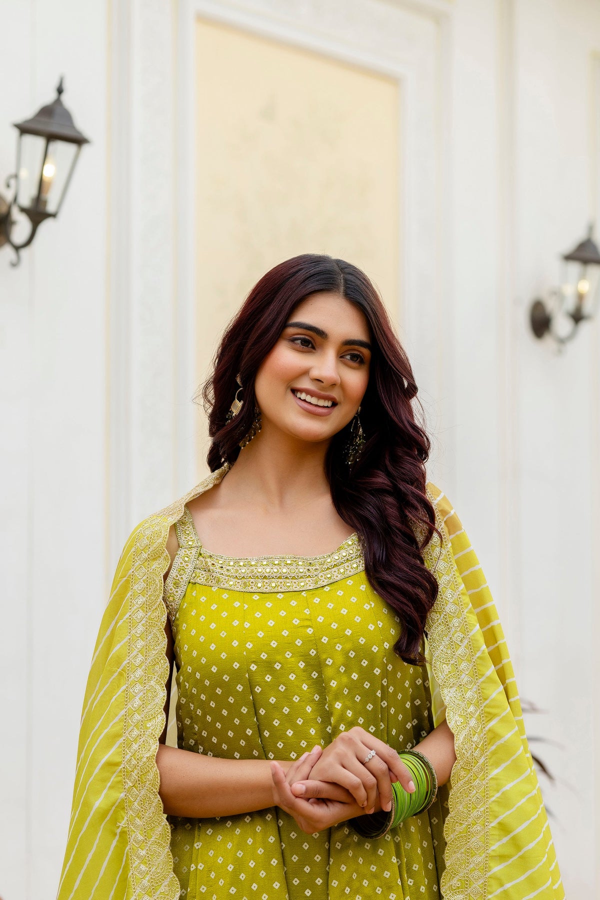 Lemon Yellow Bandhani Vichitra Silk Gown Set