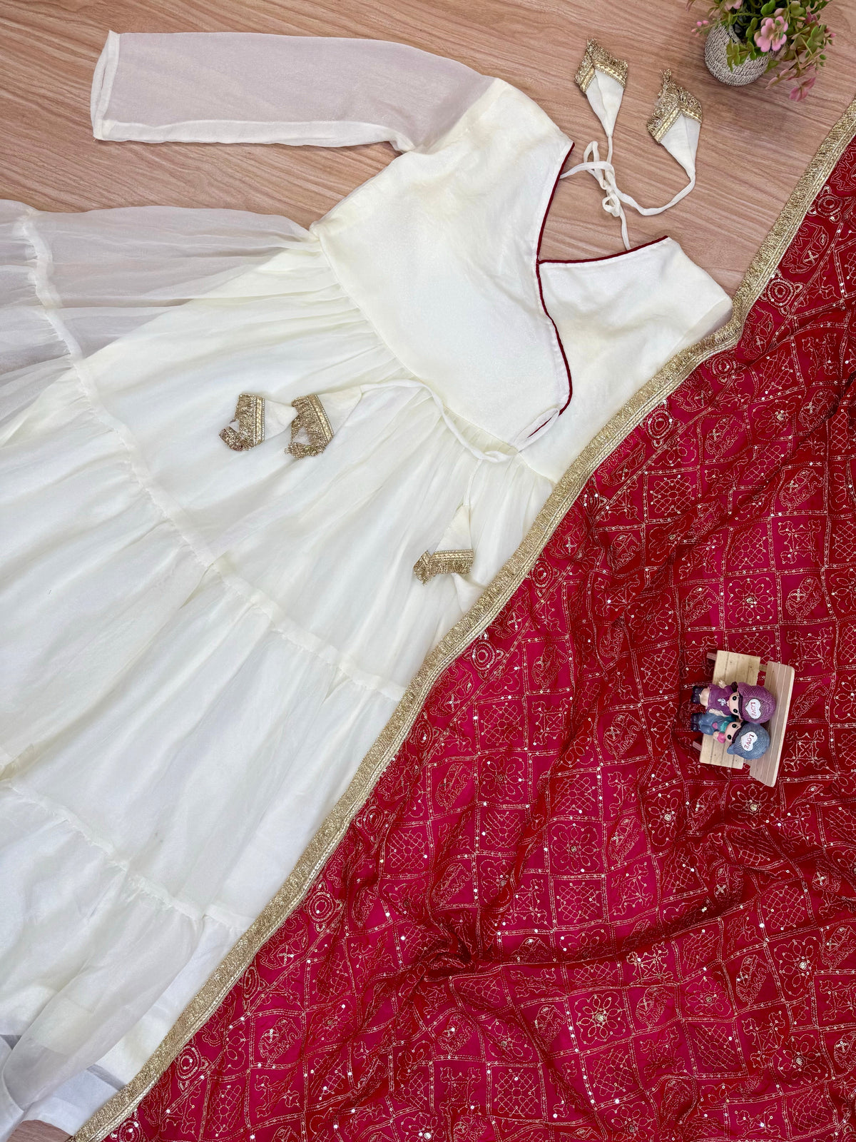 White NC Moss Ruffle Gown with Red Embroidered Dupatta