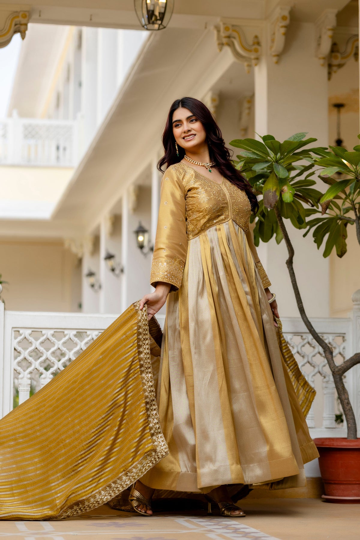 Golden Banarasi Silk Embroidered Gown
