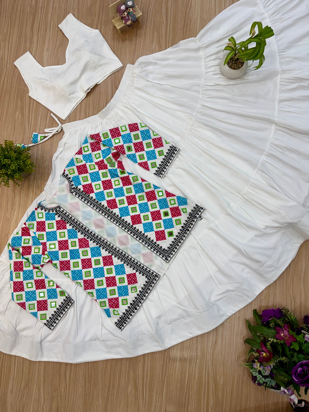 White Rayon Mirror Work Lehenga Choli with Embroidered Koti