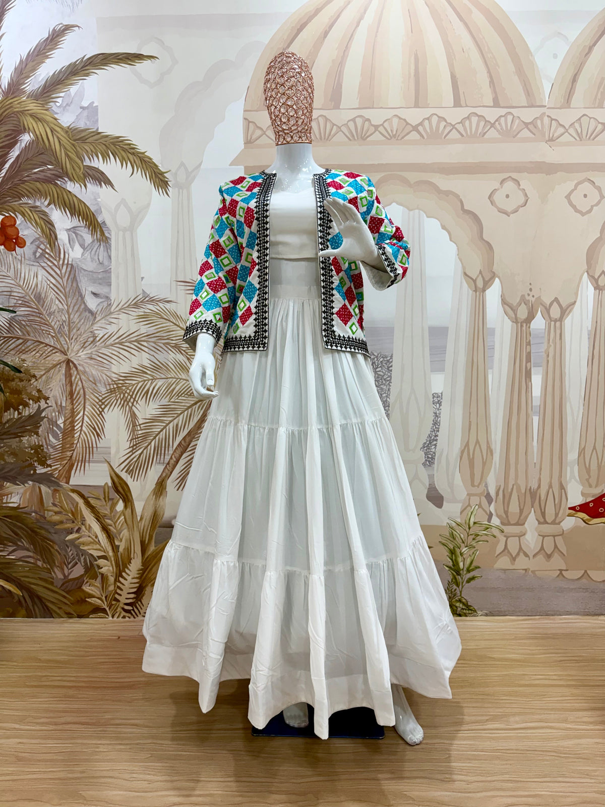 White Rayon Mirror Work Lehenga Choli with Embroidered Koti