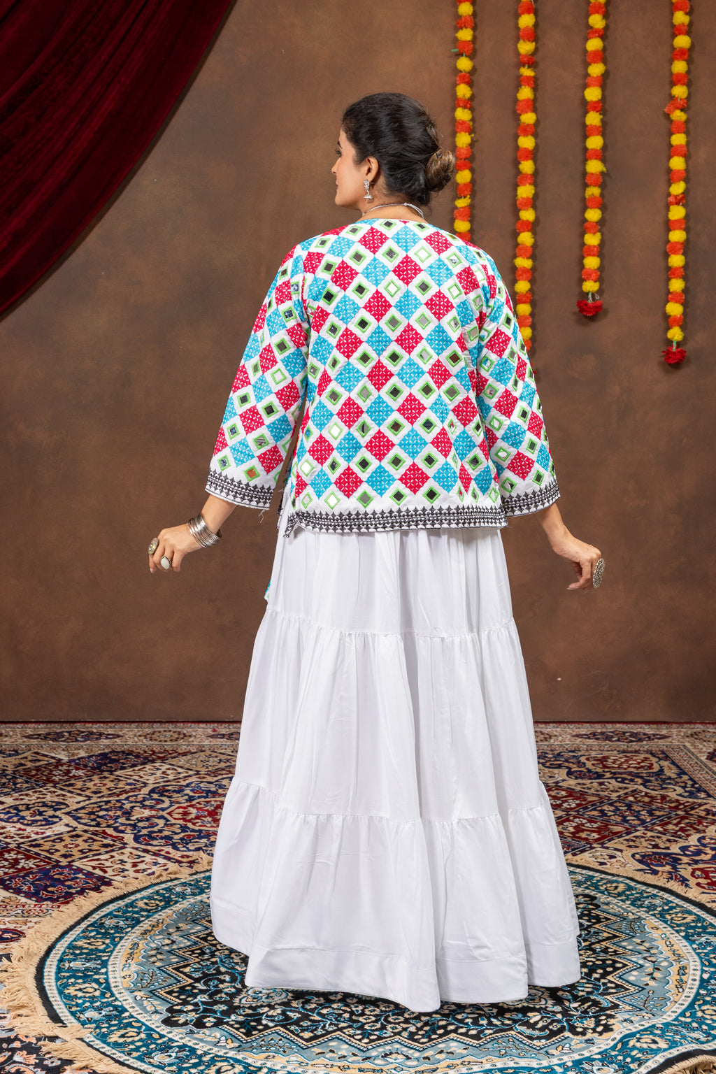 White Rayon Mirror Work Lehenga Choli with Embroidered Koti