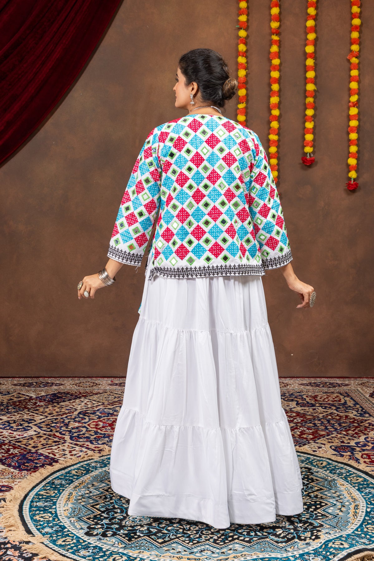 White Rayon Mirror Work Lehenga Choli with Embroidered Koti