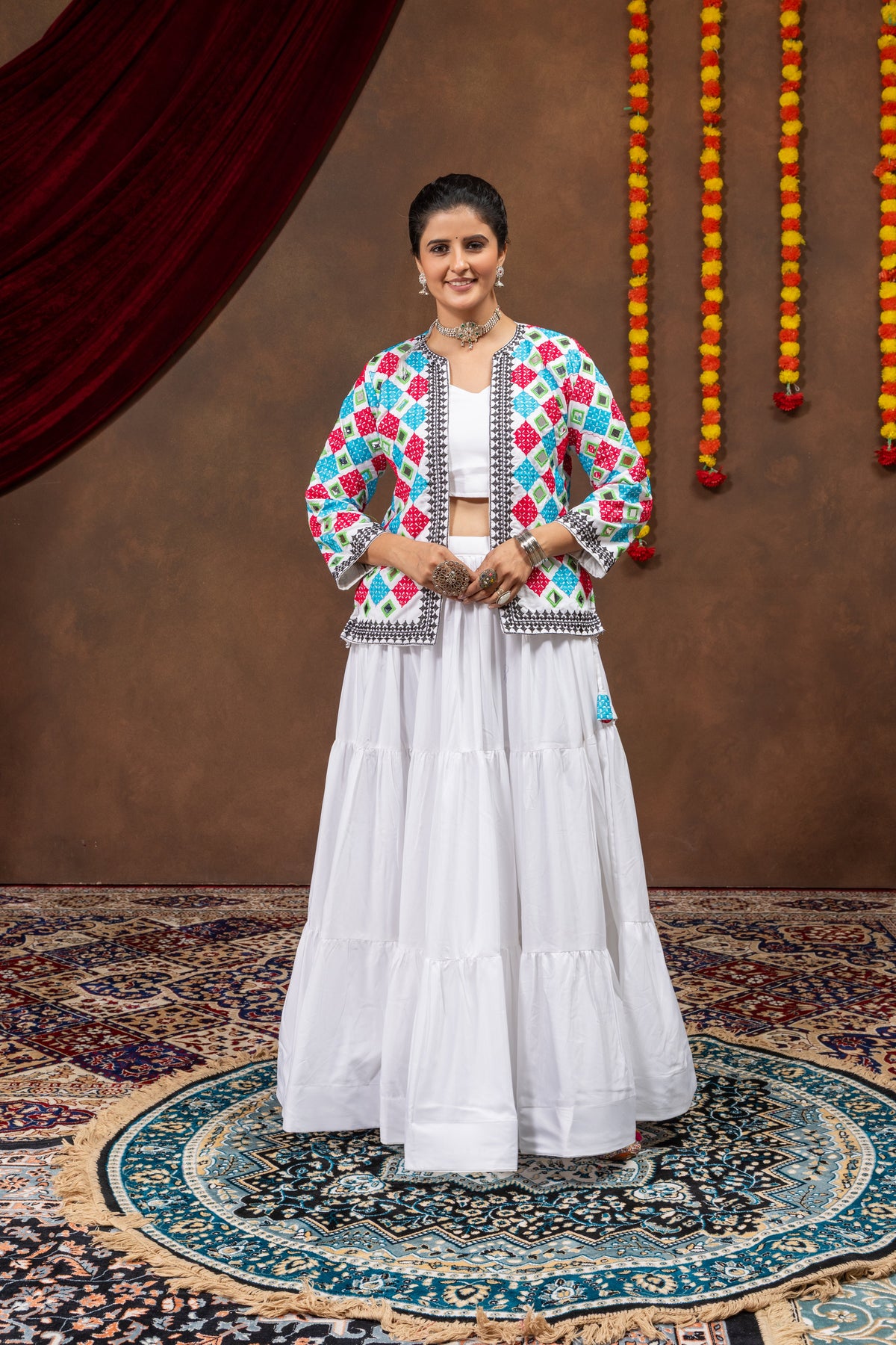 White Rayon Mirror Work Lehenga Choli with Embroidered Koti