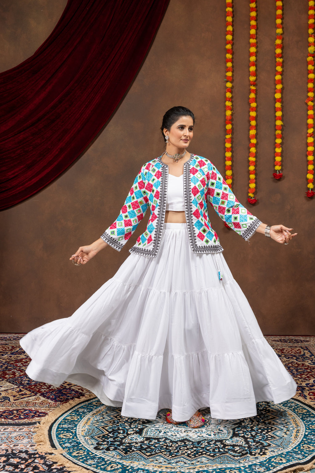 White Rayon Mirror Work Lehenga Choli with Embroidered Koti