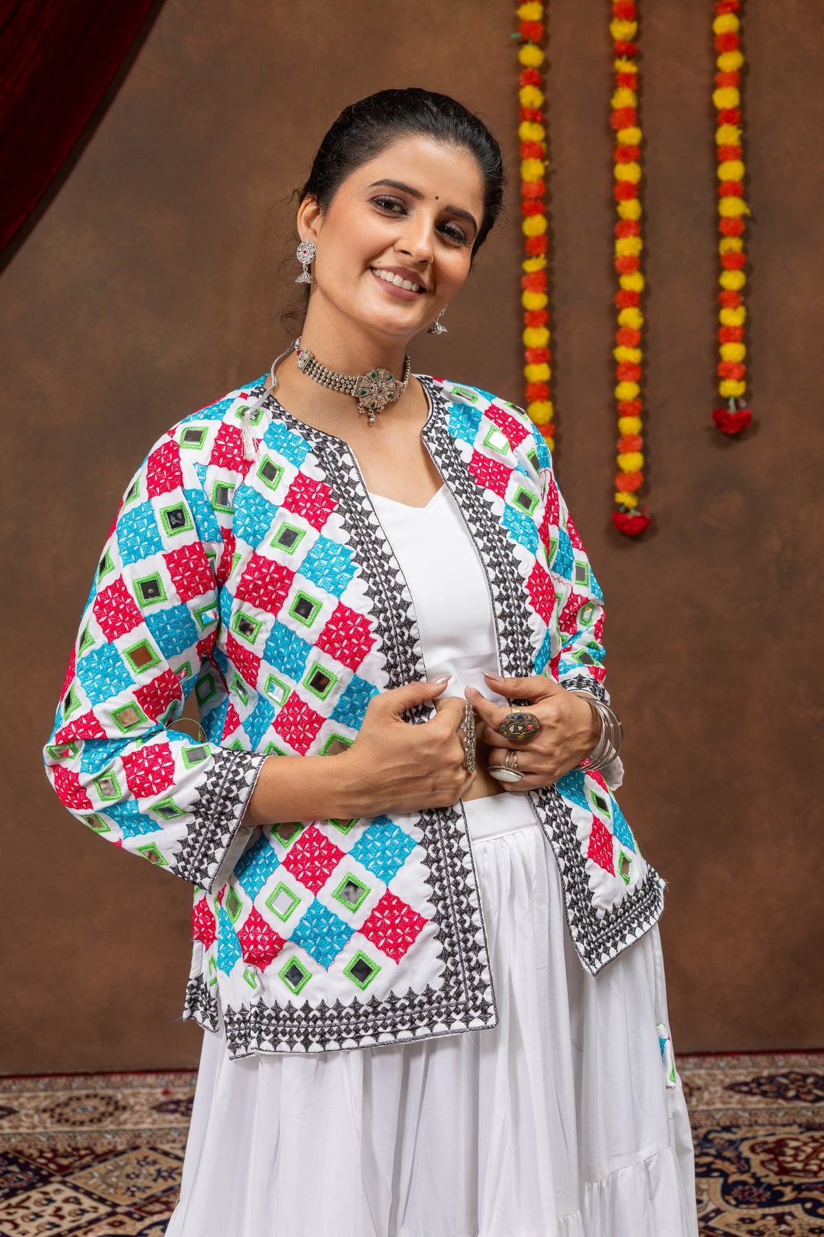 White Rayon Mirror Work Lehenga Choli with Embroidered Koti