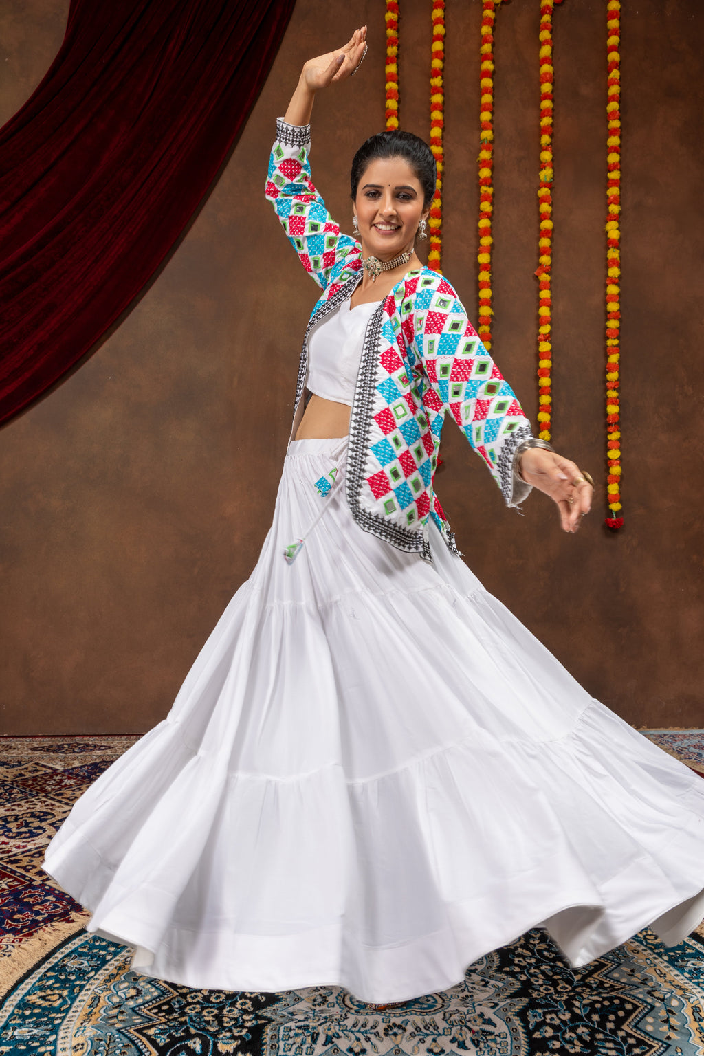 White Rayon Mirror Work Lehenga Choli with Embroidered Koti