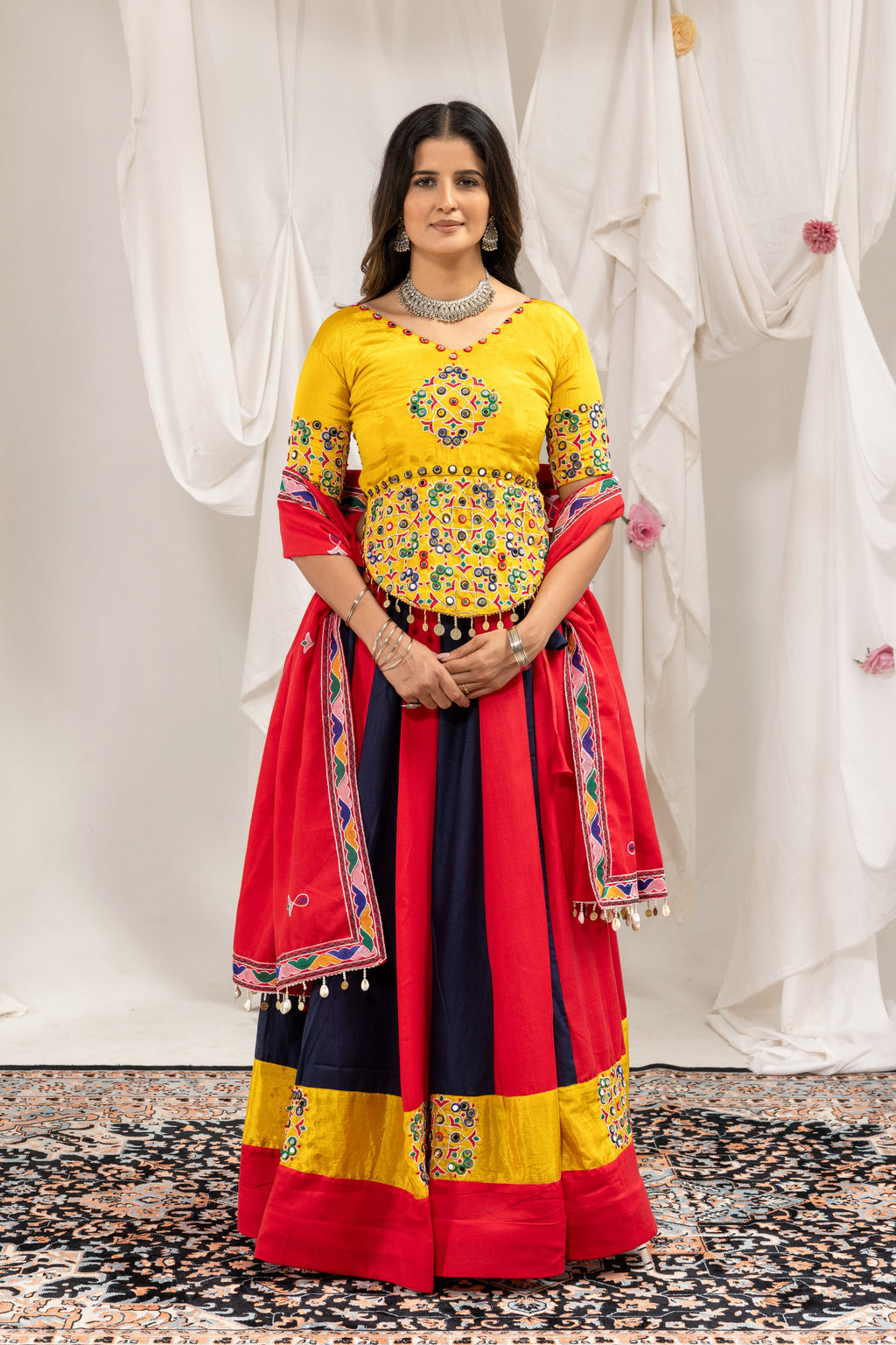Red And Blue Mirror Work Cotton Navratri Lehenga Choli