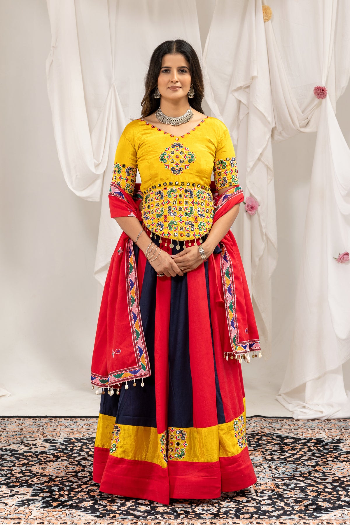 Red And Blue Mirror Work Cotton Navratri Lehenga Choli