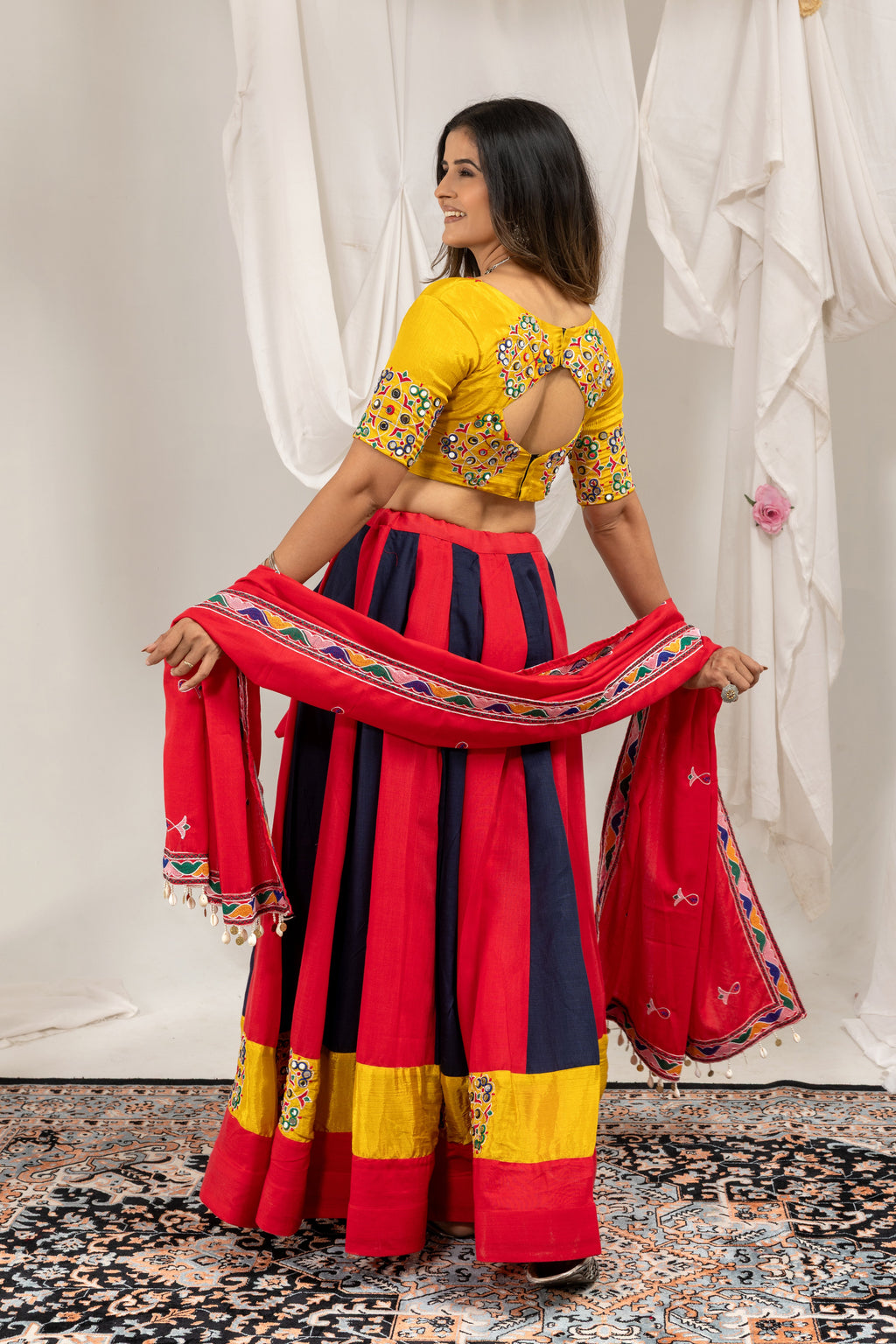 Red And Blue Mirror Work Cotton Navratri Lehenga Choli