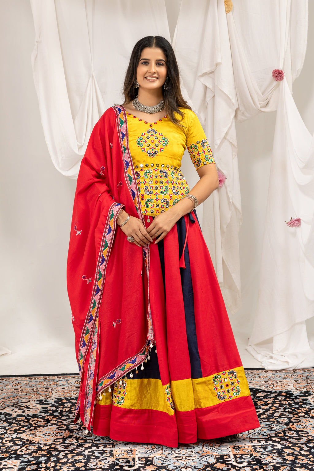 Red And Blue Mirror Work Cotton Navratri Lehenga Choli