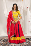 Red And Blue Mirror Work Cotton Navratri Lehenga Choli