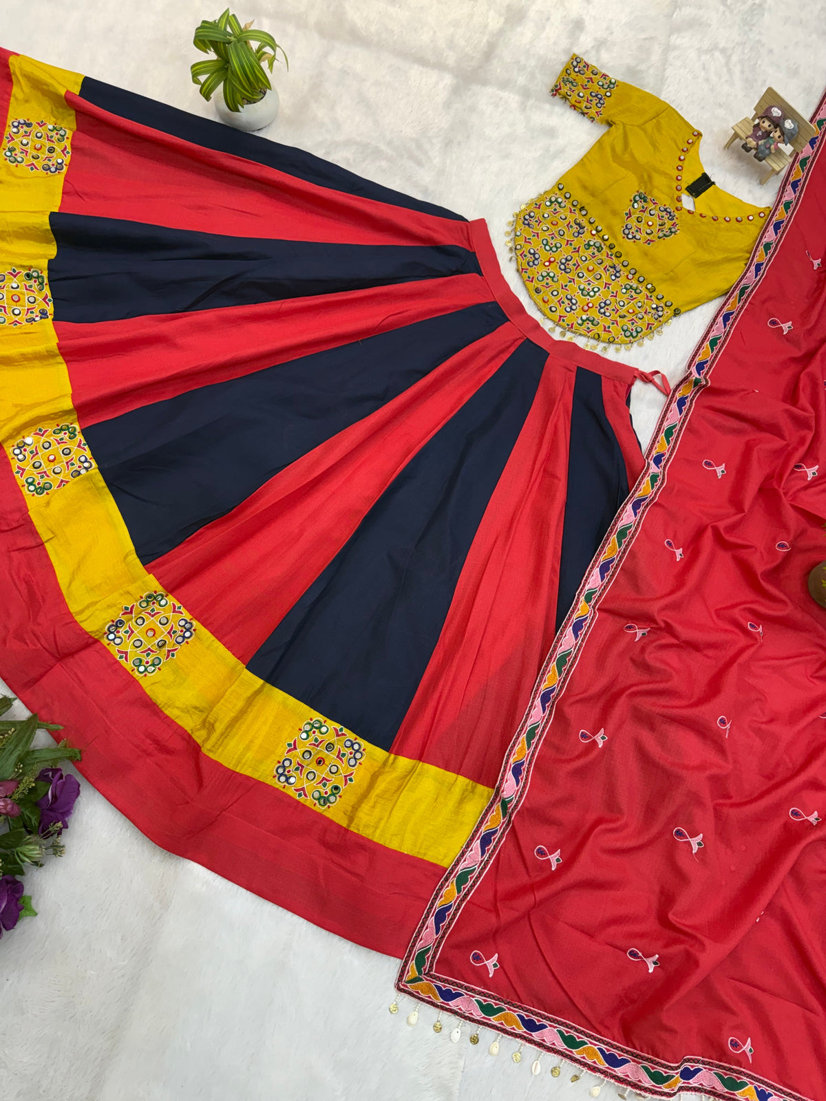Red And Blue Mirror Work Cotton Navratri Lehenga Choli