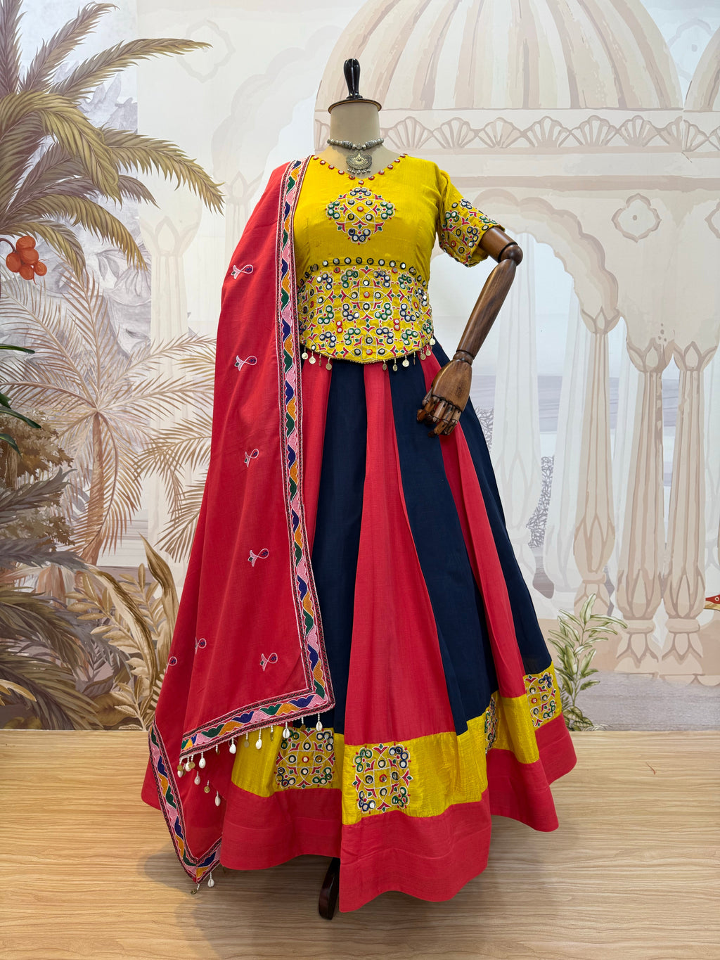 Red And Blue Mirror Work Cotton Navratri Lehenga Choli