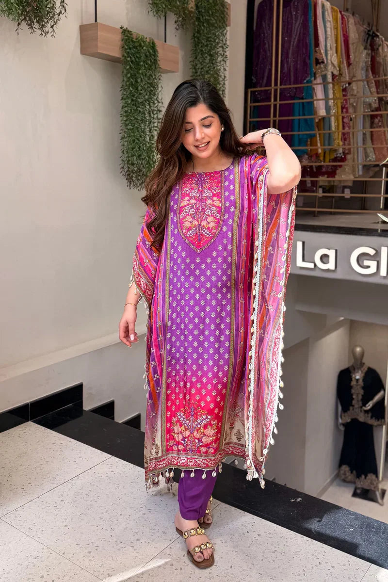 Purple Pure Banana Silk Kaftan Straight Set